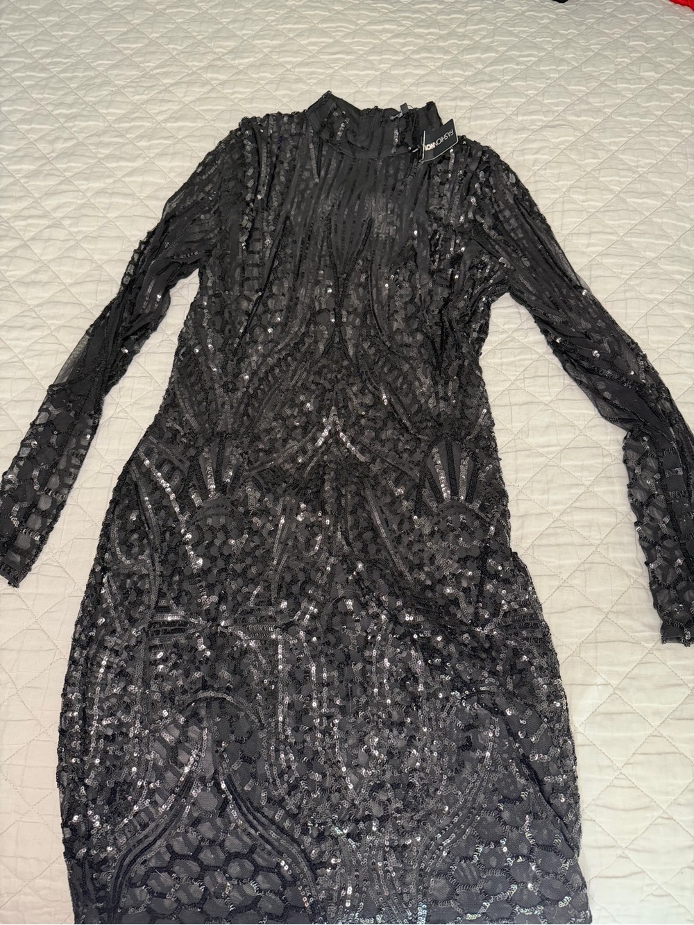 Sheer Black Sequin Long Sleeve Bodycon Dress